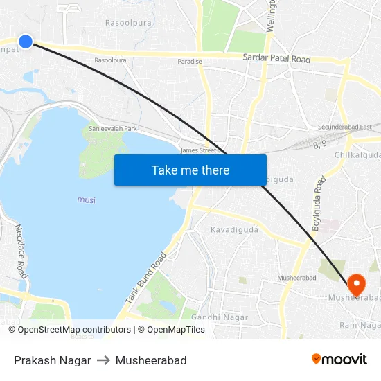 Prakash Nagar to Musheerabad map