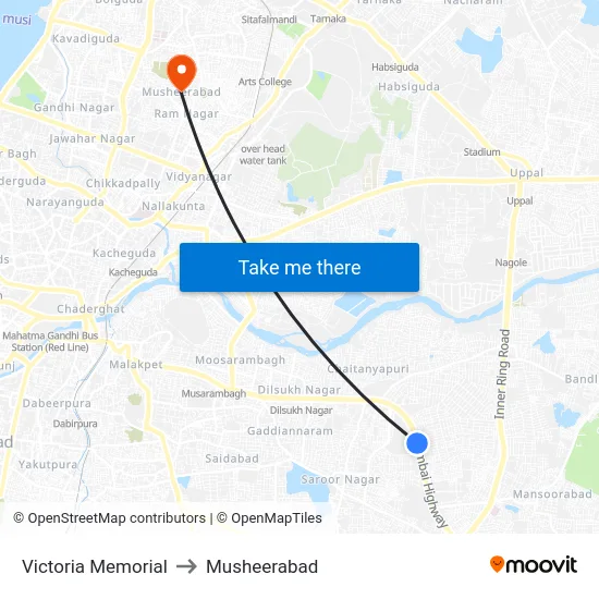 Victoria Memorial to Musheerabad map
