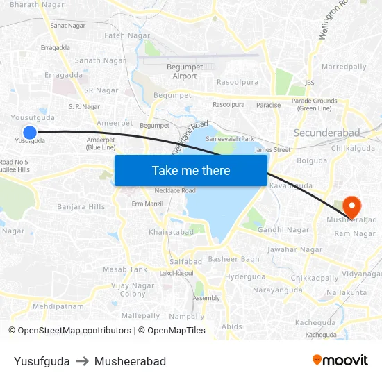 Yusufguda to Musheerabad map