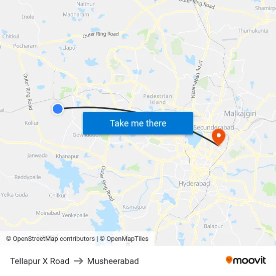 Tellapur X Road to Musheerabad map
