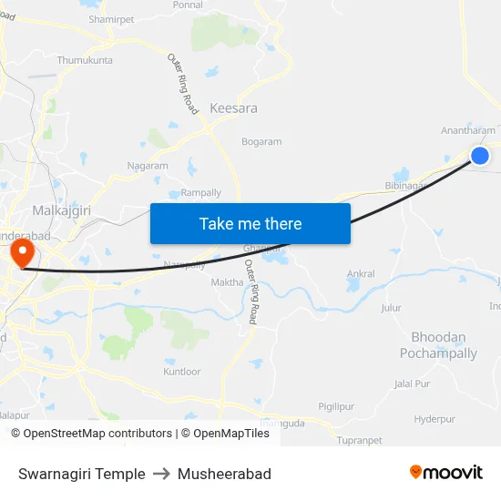 Swarnagiri Temple to Musheerabad map