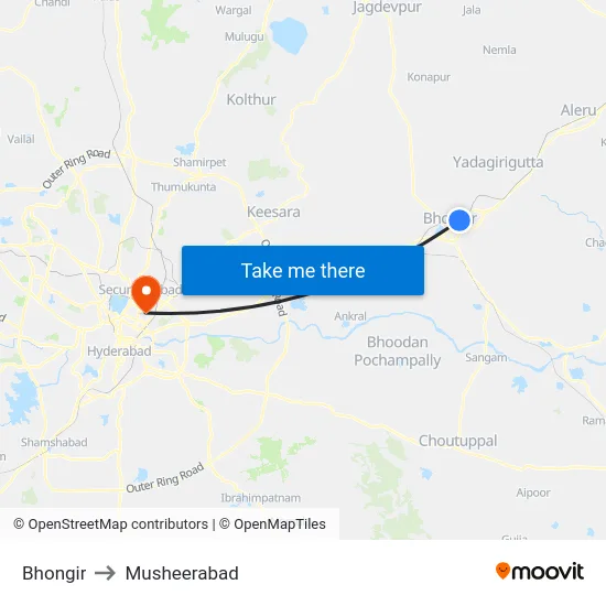 Bhongir to Musheerabad map