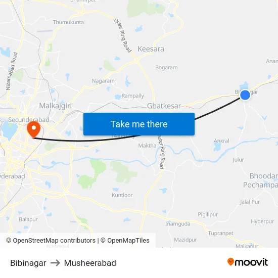 Bibinagar to Musheerabad map
