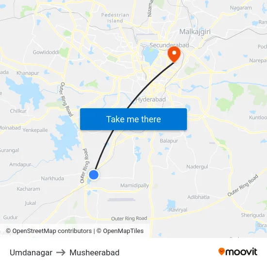 Umdanagar to Musheerabad map