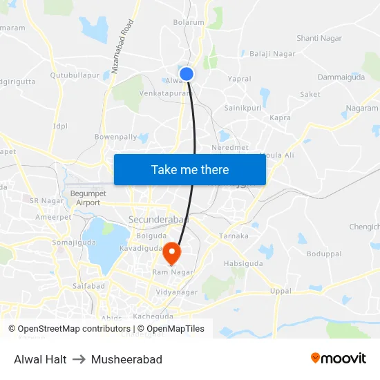 Alwal Halt to Musheerabad map