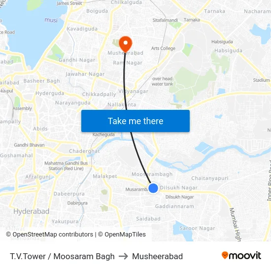 T.V.Tower / Moosaram Bagh to Musheerabad map