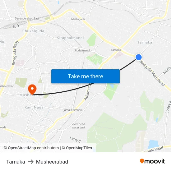 Tarnaka to Musheerabad map