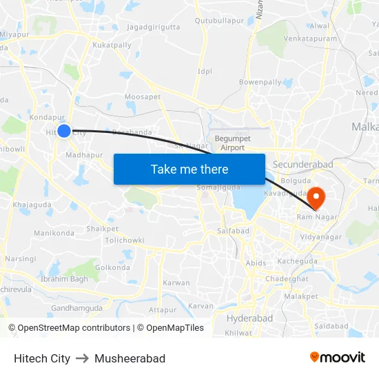 Hitech City to Musheerabad map