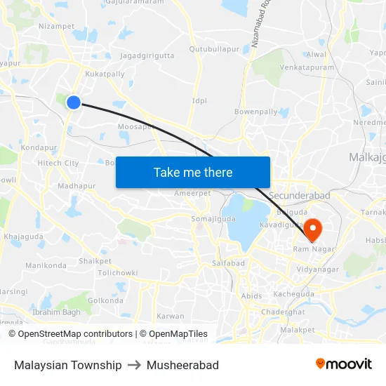 Malaysian Township to Musheerabad map