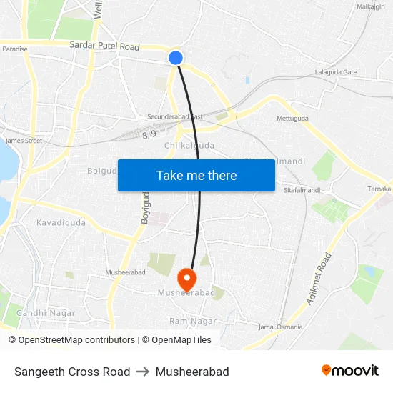 Sangeeth Cross Road to Musheerabad map