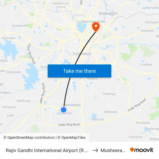 Rajiv Gandhi International Airport (R.G.I.A.) to Musheerabad map