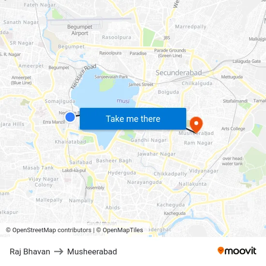 Raj Bhavan to Musheerabad map