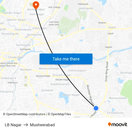 LB Nagar to Musheerabad map