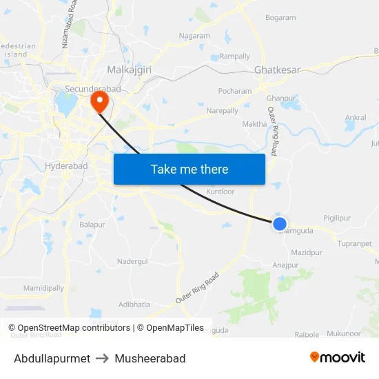 Abdullapurmet to Musheerabad map