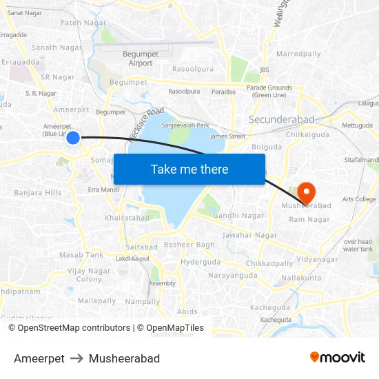 Ameerpet to Musheerabad map