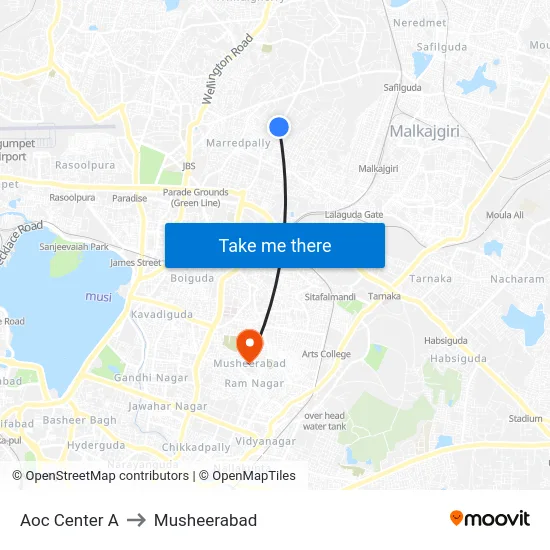 Aoc Center A to Musheerabad map