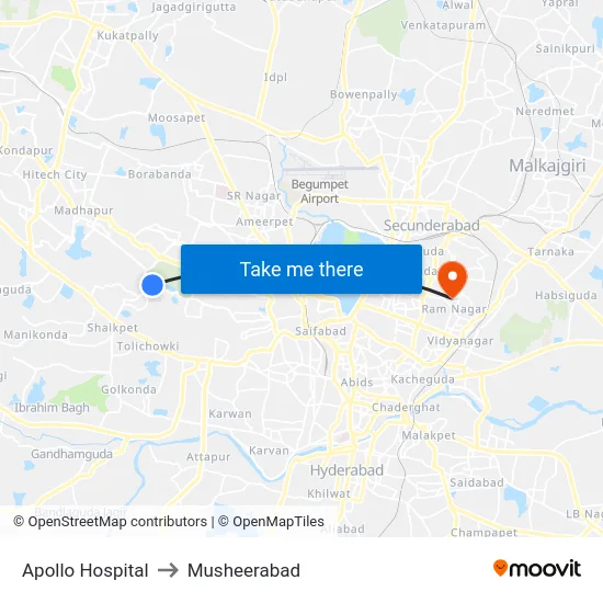 Apollo Hospital to Musheerabad map