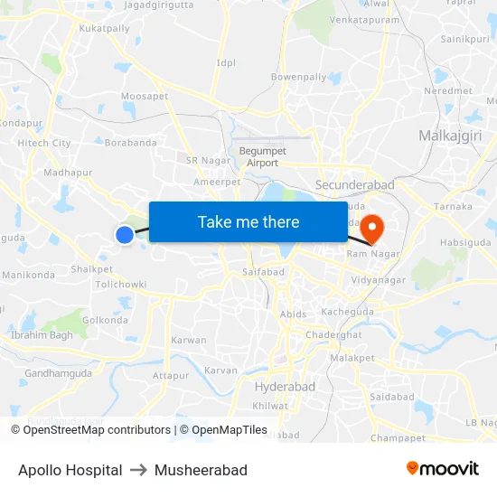 Apollo Hospital to Musheerabad map