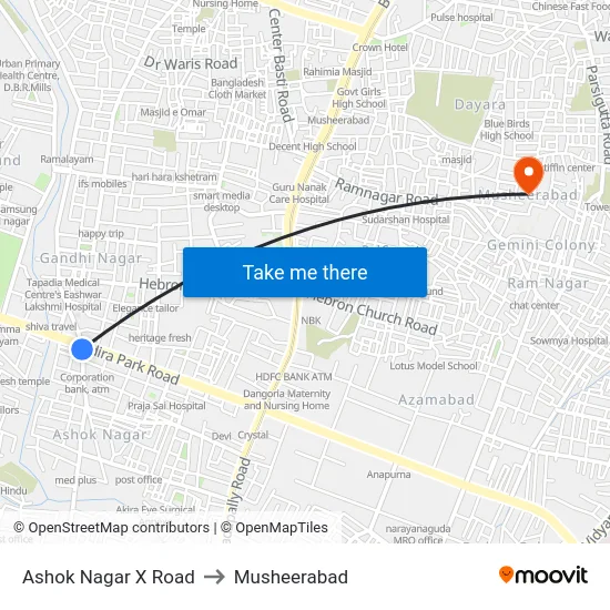 Ashok Nagar X Road to Musheerabad map