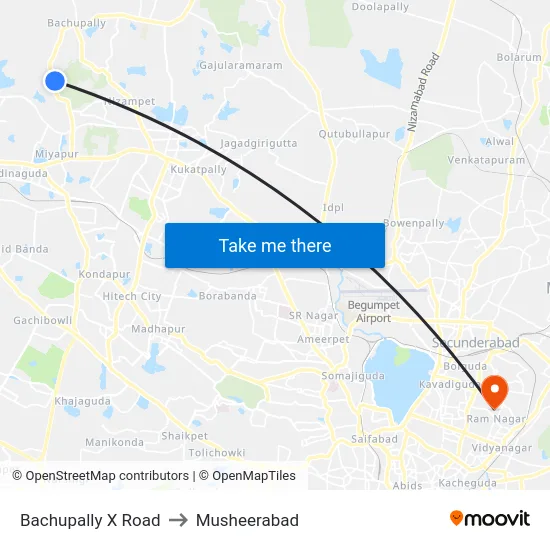 Bachupally X Road to Musheerabad map