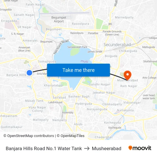 Banjara Hills Road No.1 Water Tank to Musheerabad map