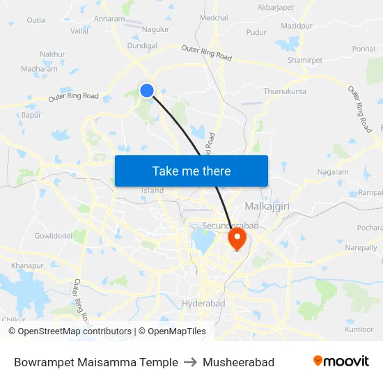 Bowrampet Maisamma Temple to Musheerabad map