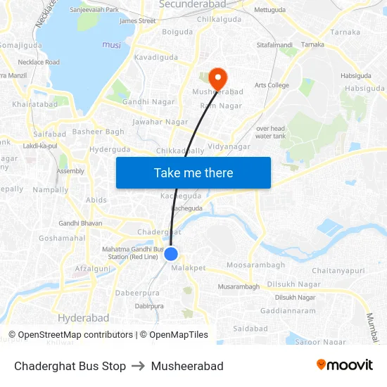Chaderghat Bus Stop to Musheerabad map