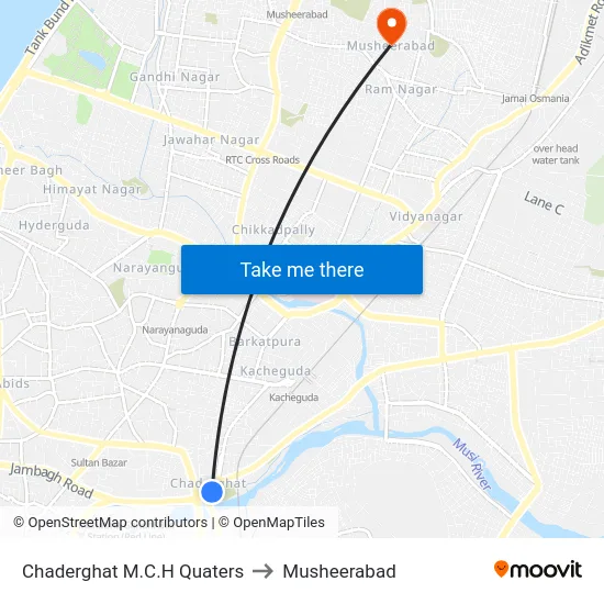 Chaderghat M.C.H Quaters to Musheerabad map