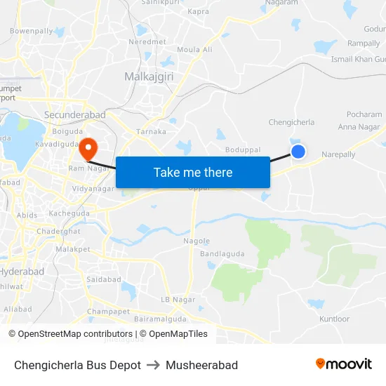 Chengicherla Bus Depot to Musheerabad map