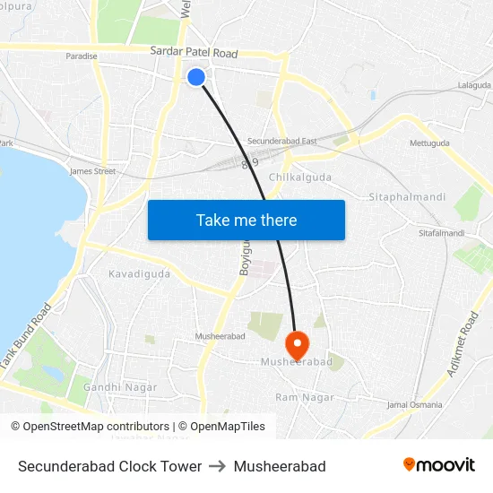 Secunderabad Clock Tower to Musheerabad map