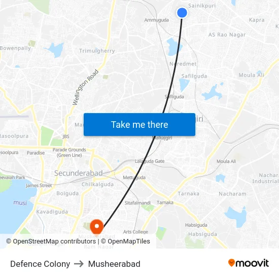 Defence Colony to Musheerabad map