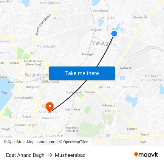 East Anand Bagh to Musheerabad map