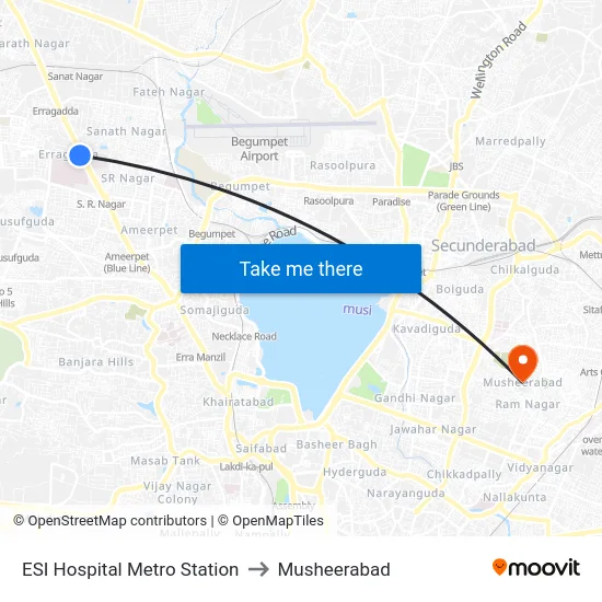 ESI Hospital Metro Station to Musheerabad map