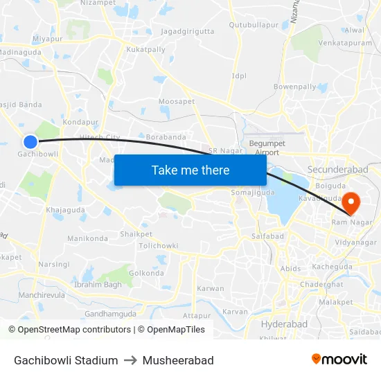 Gachibowli Stadium to Musheerabad map