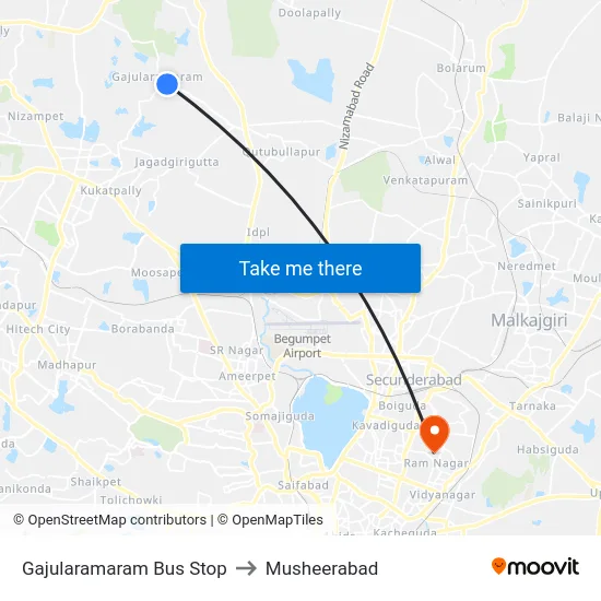 Gajularamaram Bus Stop to Musheerabad map