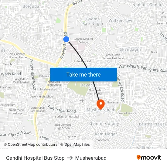 Gandhi Hospital Bus Stop to Musheerabad map