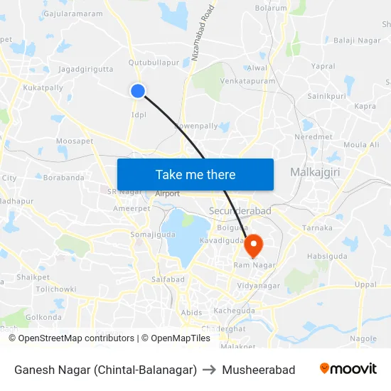 Ganesh Nagar (Chintal-Balanagar) to Musheerabad map