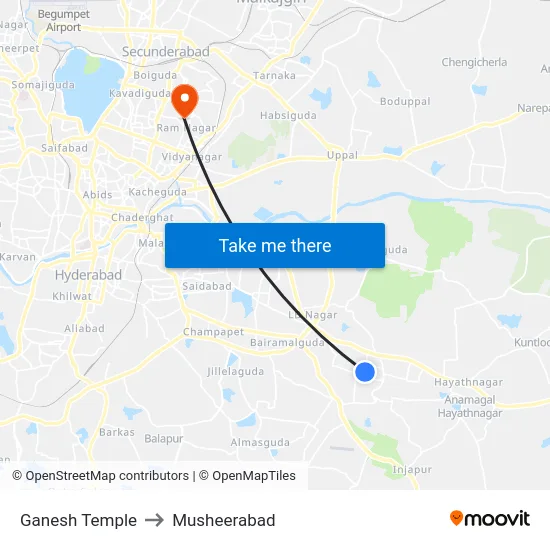 Ganesh Temple to Musheerabad map
