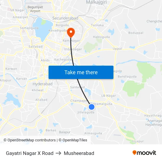Gayatri Nagar X Road to Musheerabad map