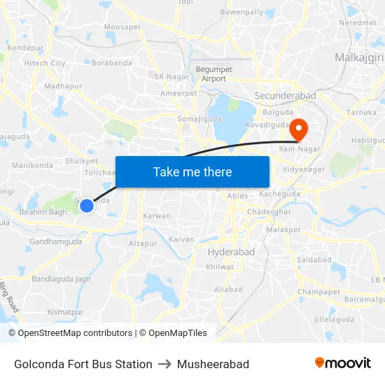 Golconda Fort Bus Station to Musheerabad map