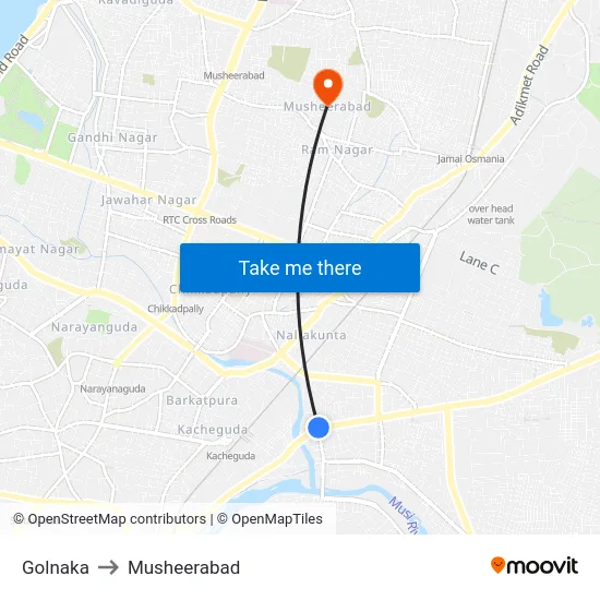 Golnaka to Musheerabad map