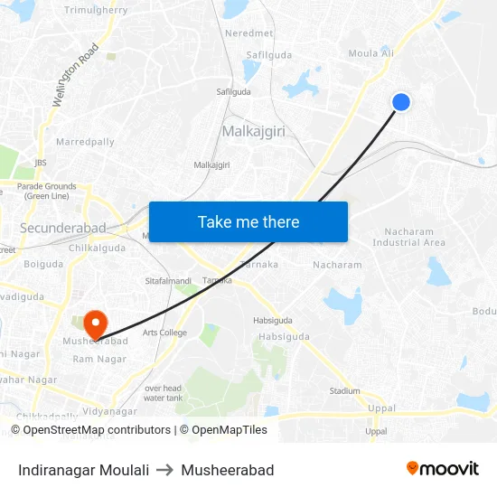 Indiranagar Moulali to Musheerabad map