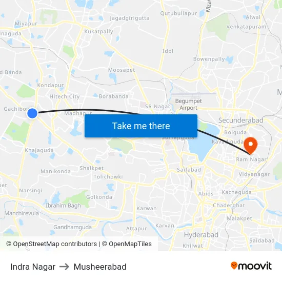 Indra Nagar to Musheerabad map