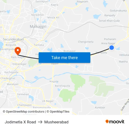 Jodimetla X Road to Musheerabad map