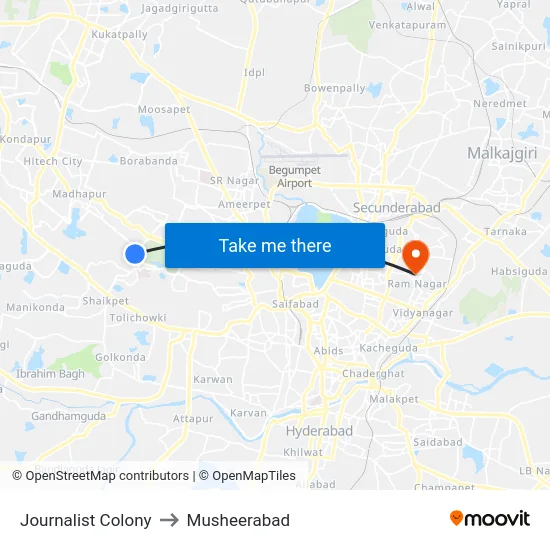 Journalist Colony to Musheerabad map
