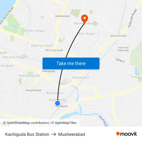 Kachiguda Bus Station to Musheerabad map