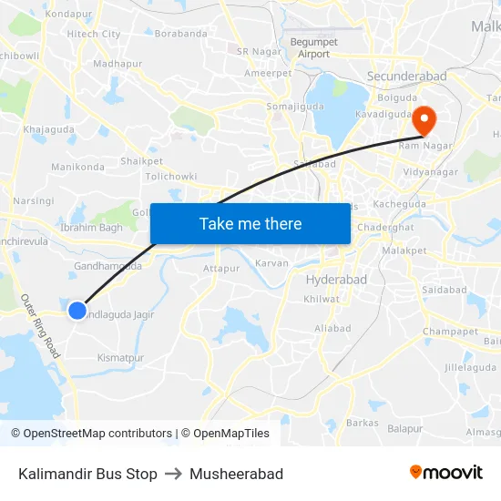 Kalimandir Bus Stop to Musheerabad map
