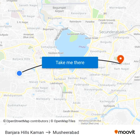 Banjara Hills Kaman to Musheerabad map