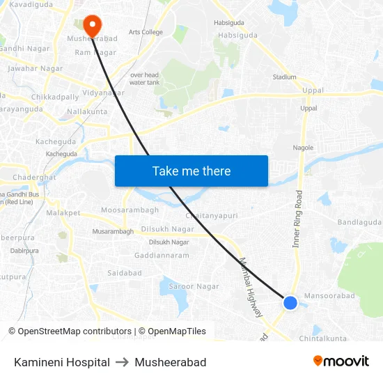 Kamineni Hospital to Musheerabad map