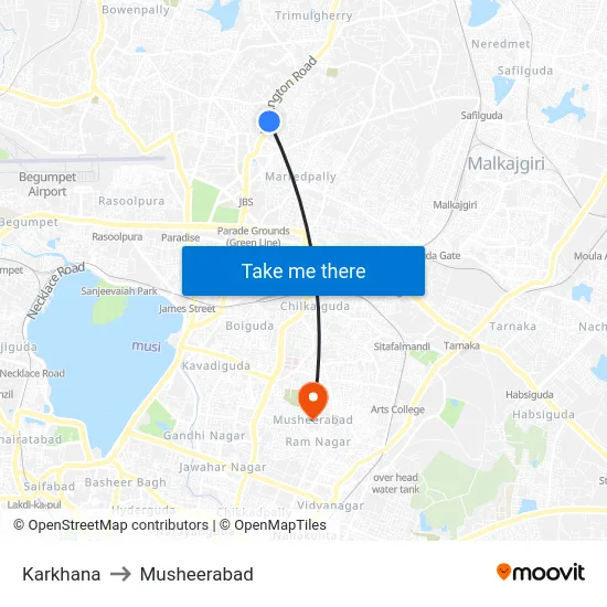 Karkhana to Musheerabad map
